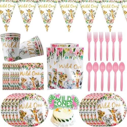New Wild One Jungle Safari Birthday Party forest Decorations Supplies Baby Shower Disposable tableware Paper Cups Plates straws