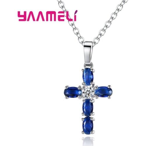 Christian Jesus 925 Sterling Silver Cross Necklace Shining AAA Blue Cubic Zircon Choker Pendants for Women Men Jewelry