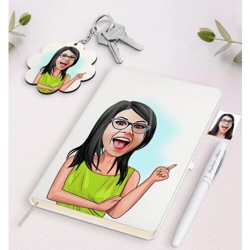 Personalized Women 'S Caricature Of White Notebook pen And Keychain Gift Seti-19 Reliable Quality Gift Casual Design moment