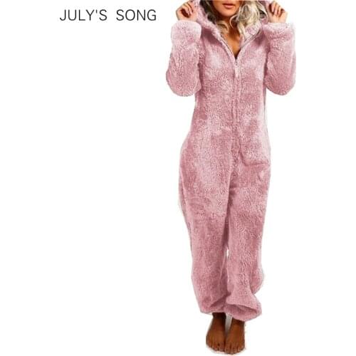 JULYS SONG One Piece Pajamas For Women Onesies Hooded Winter Autumn Sleepwear Coral Fleece Thick Warm Cute Long Homewear