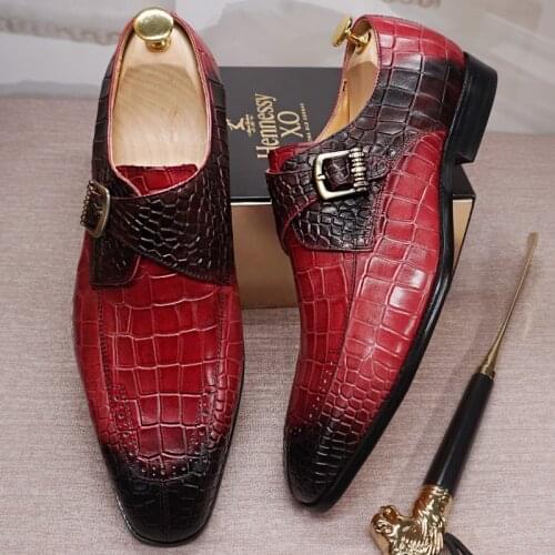 Luxury Brand Men Casual Shoes Genuine Leather Men Dress Shoes Red Black Crocodile Pattern Monk Strap Split Toe Loafers Men Shoes