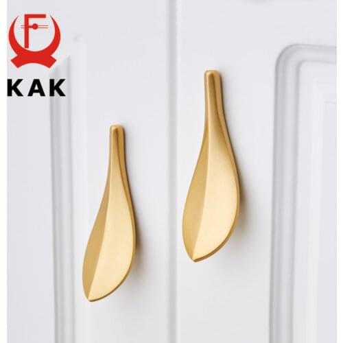 KAK Nordic Style Solid Brass Gold Leaf Cabinet Knobs and Handles 32mm Kitchen Handle Pulls Furniture Handle Door Hardware