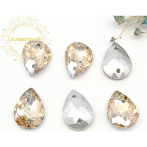 Champagne water-drop shape Glass Crystal sew on rhinestones with two holes Diy wedding dress accessories Free shipping