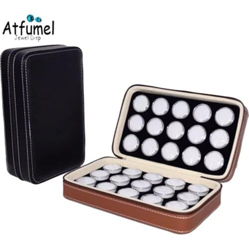 PU Zipper Diamond Jewelry Storage Box Brown Black Leatherette Case With 30 Pcs Round Stone Gem Box Gemstone Display Box