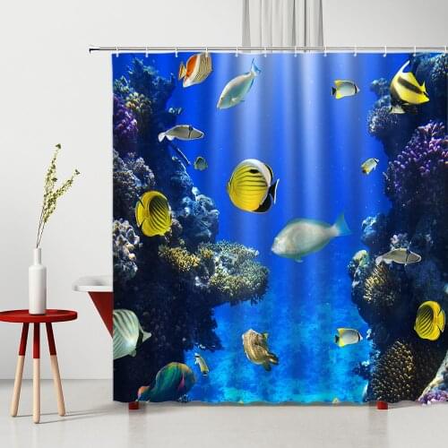 Underwater World Scenery Shower Curtains Set Tropical Fish Coral Ocean Animals Children Bathroom Fabric Bath Curtain Home Decor