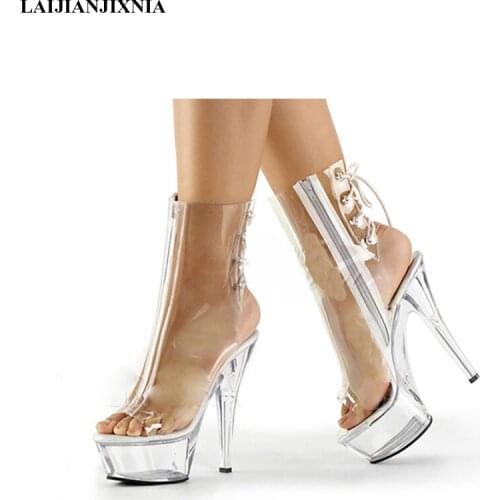 LAIJIANJINXIA New Night Club Party Queen Fashion Womens Sexy 15CM High Heel Clear Platform Shoes Ankle Boots Pole Dance Shoes