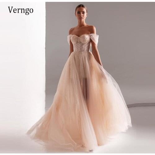 Verngo Elegant Skin Pink Tulle Prom Dresses Off the Shoulder Shining Beads A Line Long Evening Gowns With Short Pant Underneath