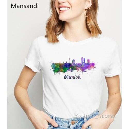 New arrival women clothes 2021 Watercolor city silhouette illustration print graphic tee shirt femme white harajuku tops