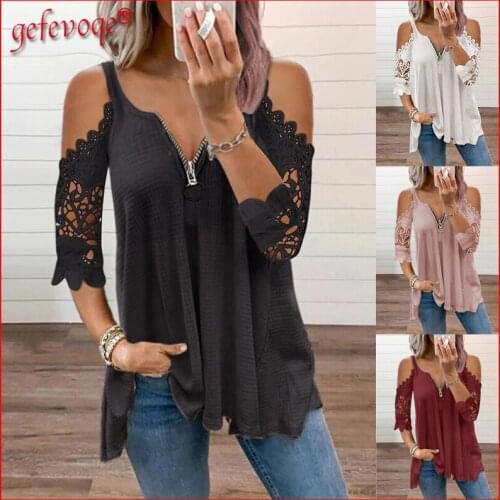 2021 Summer Women Sexy Off Shoulder Lace Tunic Tops Lady Casual Elegant Half Sleeve V-neck Zipper Oversized Tees T-shirt