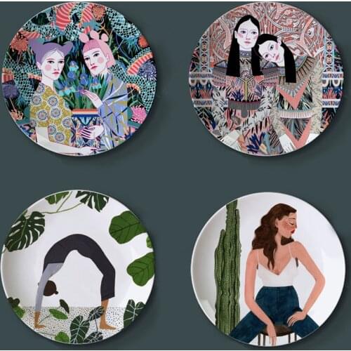 Feminine Art Prints Plates Creative Plant Lovers Gift Decorative Dish Ceramic Round Flora Girl Drawing Illustration Tray