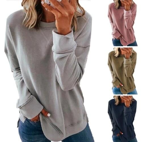 Large Size Solid Color Long-sleeved Womens Sweatshirt Round Neck Pullover Capless Regular Sleeve Street Style Top Spring 2021
