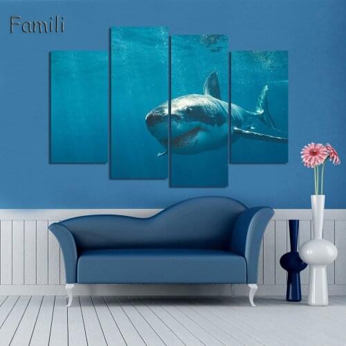 4Pcs/set Modern simple 4 piece canvas art no frame wall art big shark Multigang adornment picture decorative pictures Printing
