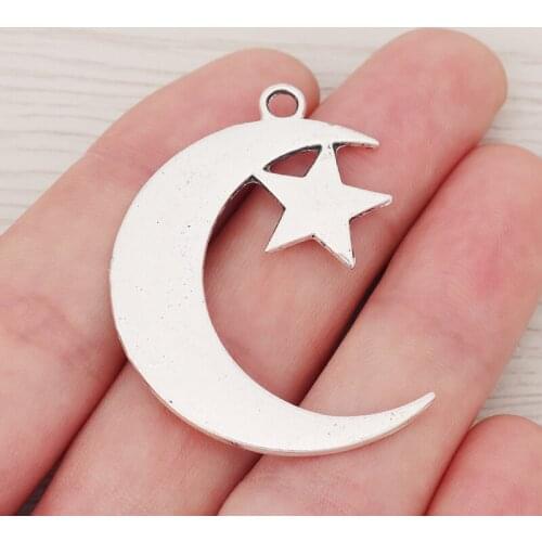6 x Large Crescent Moon & Star Charms Double Sided Pendants for Necklace Jewelry Making Findings 44x32mm