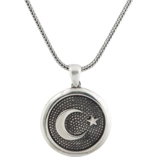 925 sterling Silver Round Moon Star Male Necklace
