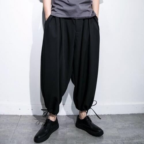 Dark black yamamoto style mens clothing summer extra loose pleated wide-leg feet harem cropped pants