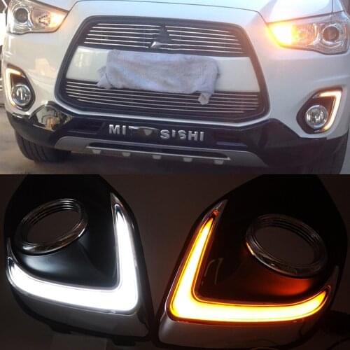 2PCS For Mitsubishi ASX 2013 2014 2015 Led Daytime Running Lights fog lamp cover 12V ABS DRL with yellow turn signal lights