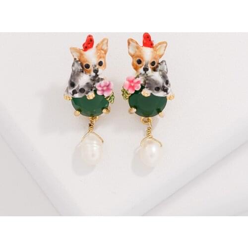 Jaeeyin 2021 Fashion Jewelry Dog Pet Hand Made Enamel Freshwater Pearl Gold Color Earrings Earring Gift For Women Girl Children