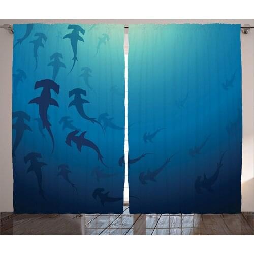 Royal Blue Curtains Sea Animals Decor Hammerhead Shark School Ocean Dangerous Predator Wild Nature Living Room Bedroom Decor