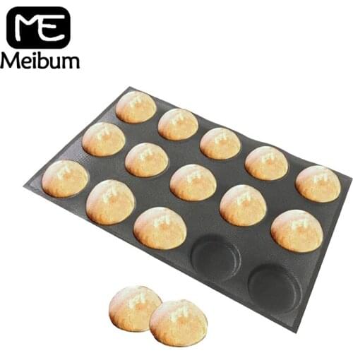 Meibum 15 Cavity DIY Muffin Round Bread Tray Hamburger Bun Bake Mold Non Stick Black Porous Glass Fiber Silicone Mould