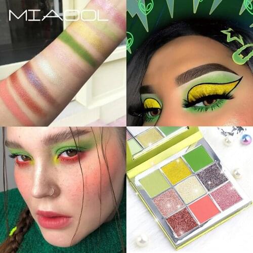 Miaool 9-Color Fluorescence Green Diamond Sequin Eye Shadow Pearly Lustre Matte Convenient Makeup Cosmetic Gift for Women