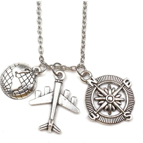 Fashion Accessories Mini Airplane Earth Compass Necklace Vintage Alloy Pendant Pilot Long Chain Men Women Gift Souvenir