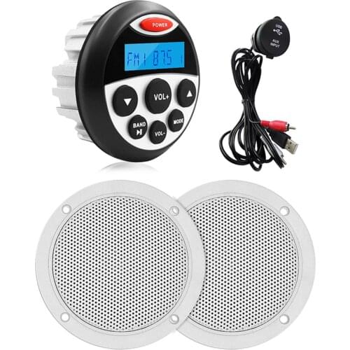 Marine Radio Bluetooth Stereo Audio FM AM Receiver Car MP3 Player For ATV Pool Motorcycle +4" Waterproof Speaker+Boat USB Cable