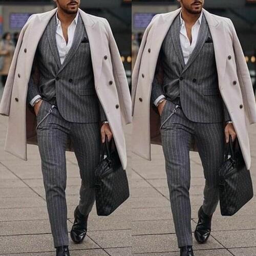 2021 Brand Double Breasted Grey Striped Mens Suits Groom Wedding Suit 2 Pieces Formal Male Blazer Business Tuxedo Jacket Pants