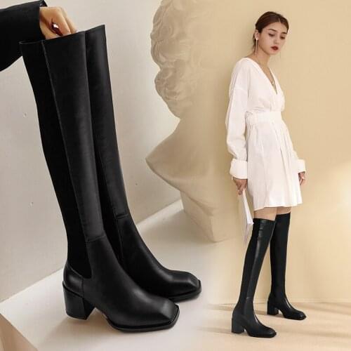 2020 Autumn winter square head warm leather boots all match fashion black thin leg high boots skinny stretch boots X518