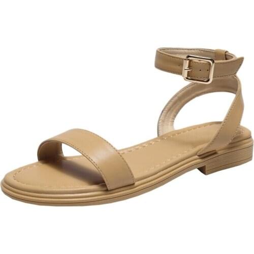 New Fashion Womens Sandals with One Belt for 2021 Summer Retro Solid Flat Females Shoes PU Leather Stylish Comfortable Shoes