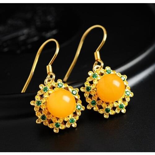 925 silver-encrusted gold-encrusted golden honey wax balled ball earrings Genuine Amber Egg Face Earring slick Earrings Match In
