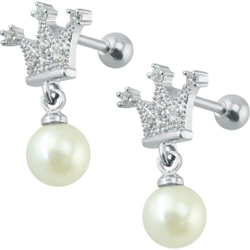 Princess imperial crown earrings stainless steel dangle long pearl earrings crystal earrings silver color small stud bijuterias