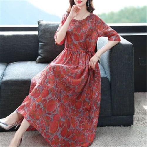 2021 Summer Fashion New Style Printed Round Neck Short-Sleeved Waist Thin Comfortable Cotton And Linen Dress Female Trend H021