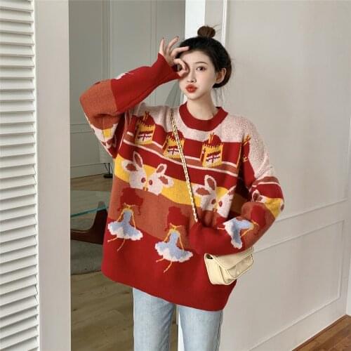 Women Knitted Sweater Japanese Loose Lazy Cute Cartoon Pullover O-Neck Sweater Female Autumn Winter Jumper Harajuku Sweater