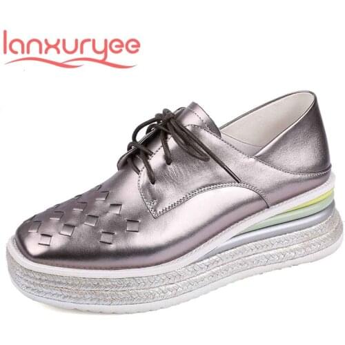 Lanxuryee thick bottom genuine leather straw platform wedges square toe med heel lace up british design fashion women pumps L3a