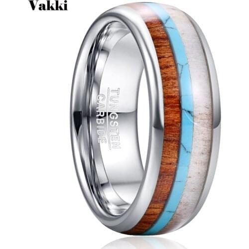 VAKKI Deer Antlers Green Stone Tungsten Rings For Men High Polish Dome Wood Tungsten Carbide Ring