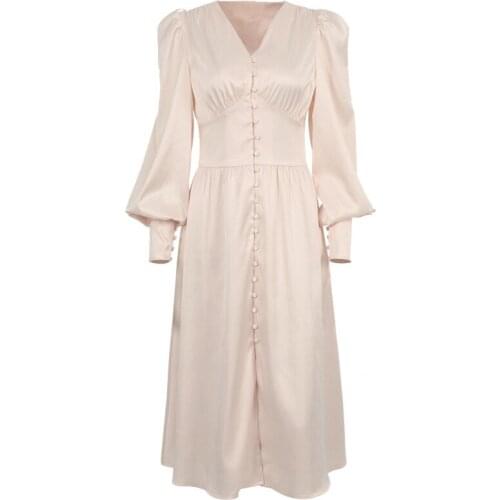 2021 Spring New Satin Design With Lantern Sleeve Waist Down For Slim Dress