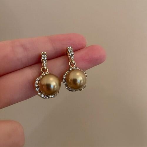 Round Champagne Simulated Pearl Earrings For Women Vintage Style Brand Designer Earing Fashion Jewelry For Date Annual Accessory