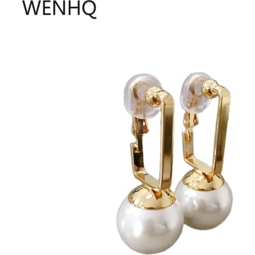 WENHQ New Arrival Gold Color Clip on Earrings for Women Girl Bridal Wedding Party Pearl Cuff Earrings Fashion Statement Earrings