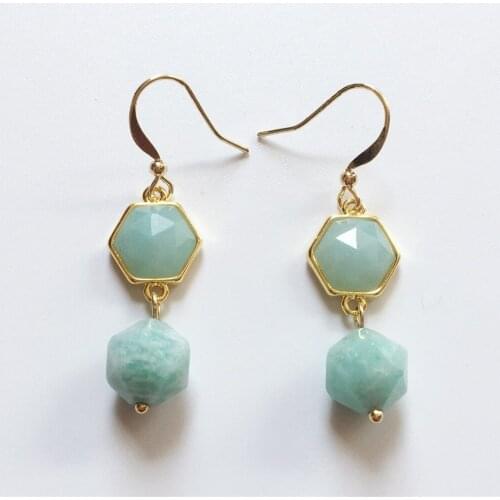 FUWO Faceted Amazonite Dangle Earrings,Natural Gems Stone With Gold Trimmed Fashion Jewelry For Women ER051
