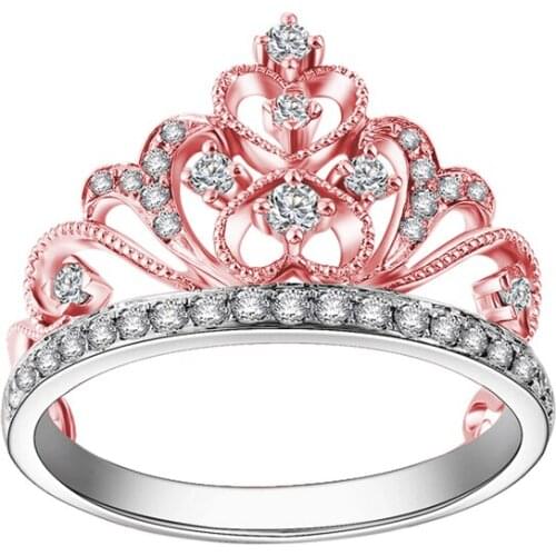 EDI White and Rose Gold Princess Crown Ring AU585 14k Two Tone Gold 0.32ct Carat Real Natural Diamond Wedding Ring For Women