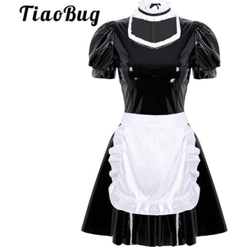 TiaoBug Adults Puff Sleeve Black Patent Leather Dress with Apron Choker Set Club Party French Maid Cosplay Women Sexy Costumes