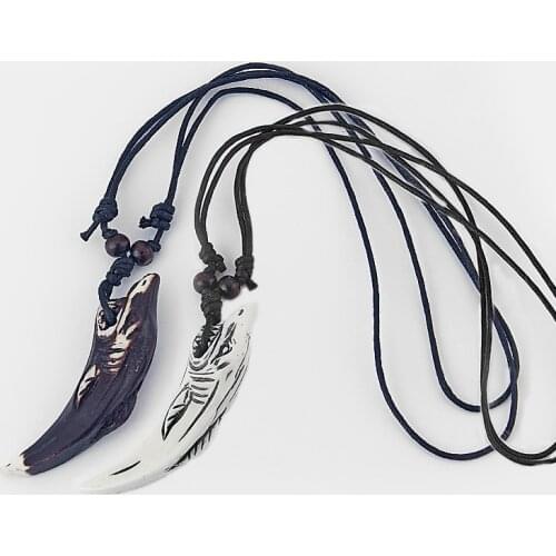1pcs Resin Tooth/Teeth Shark Shape Pendant Necklace Faux Yak Bone Charms Black Wax Cotton Cord Adjustable Necklace