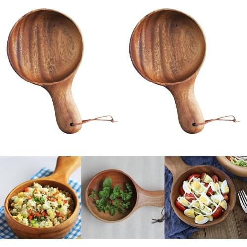 2x Handmade Wodden Bowl with Handle Wood Japanese Style Salad Tableware