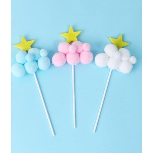 2pcs Happy Birthday Cake Topper Soft Pompom Cloud Moon Star Cupcake Toppers Diy Cake Decoration Wedding Party Supplies