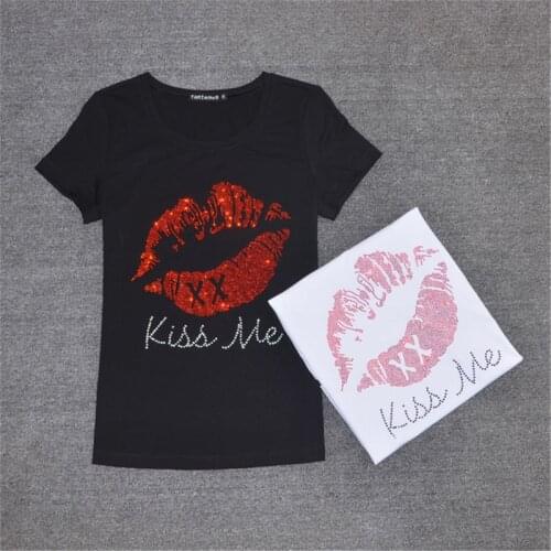 2021 Summer T Shirt For Women Harajuku T-Shirt Lips Letter Diamonds Cotton Tshirt Tops Short Sleeve Casual Femme Tee Tops 64710
