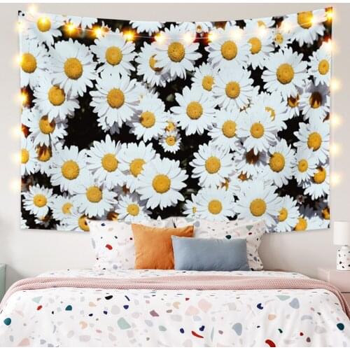 White Small Daisy Background Green Leafy Plant Landscape Wall Hanging Tapestry Living Bedroom Photography Decoration Tapestry