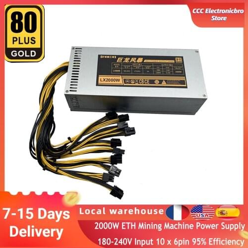 2000W ETH Mining Machine Power Supply 180-240V Input 10 x 6pin 95% Efficiency Support Multi-GPU For Bitcoin Mining Device