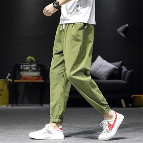 Mens pants solid color linen casual pants large size loose elastic waist Chinese traditional mens clothing cargo pants men