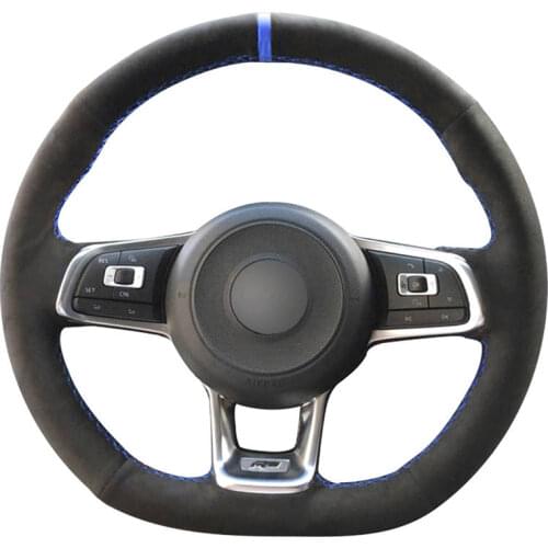 Hand Sew Black Suede Blue Marker Steering Wheel Cover for Volkswagen VW Golf 7 GTI Scirocco Tiguan Allspace (R-Line) Jetta (GLI)