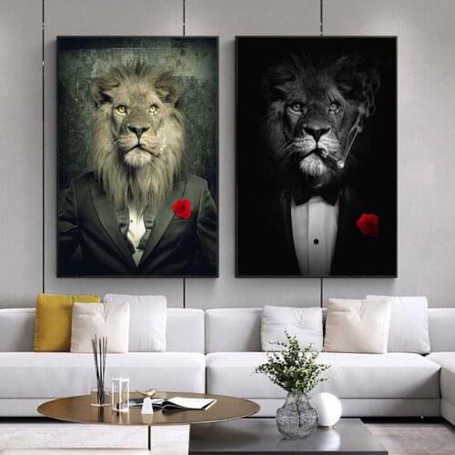 Black bad Lion a Suit Canvas Art Posters And Prints Abstract Lion Smoking a Cigar Canvas Paintings On the Wall Art Pictures